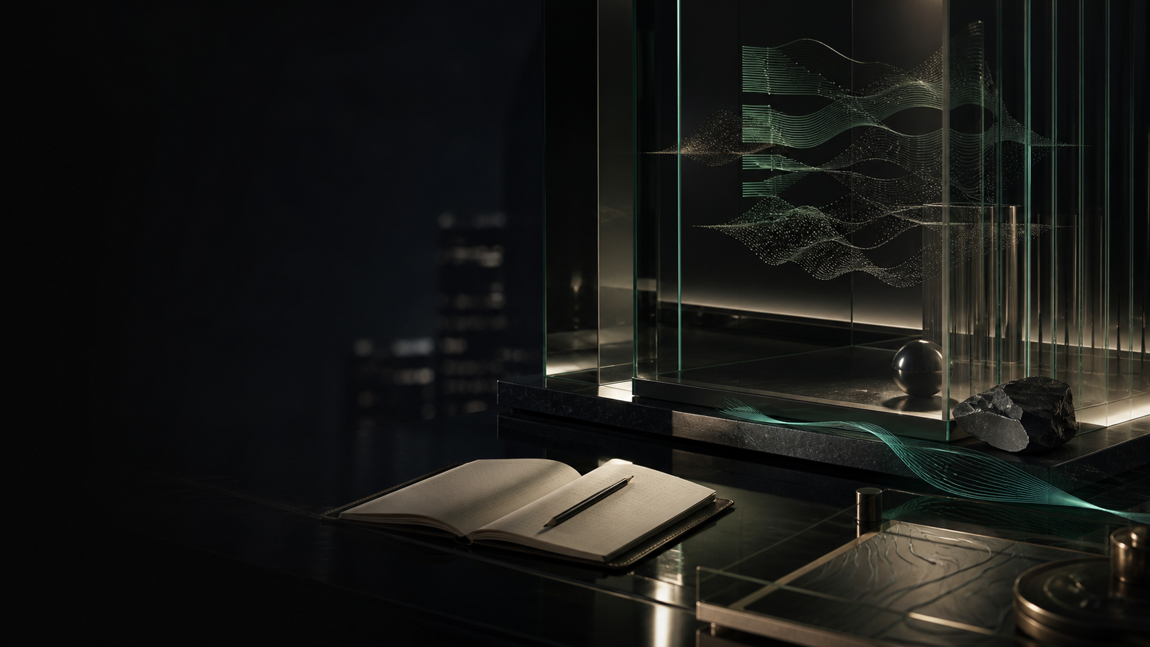Cinematic dark decision observatory with a notebook, glass market contours, and restrained emerald light.