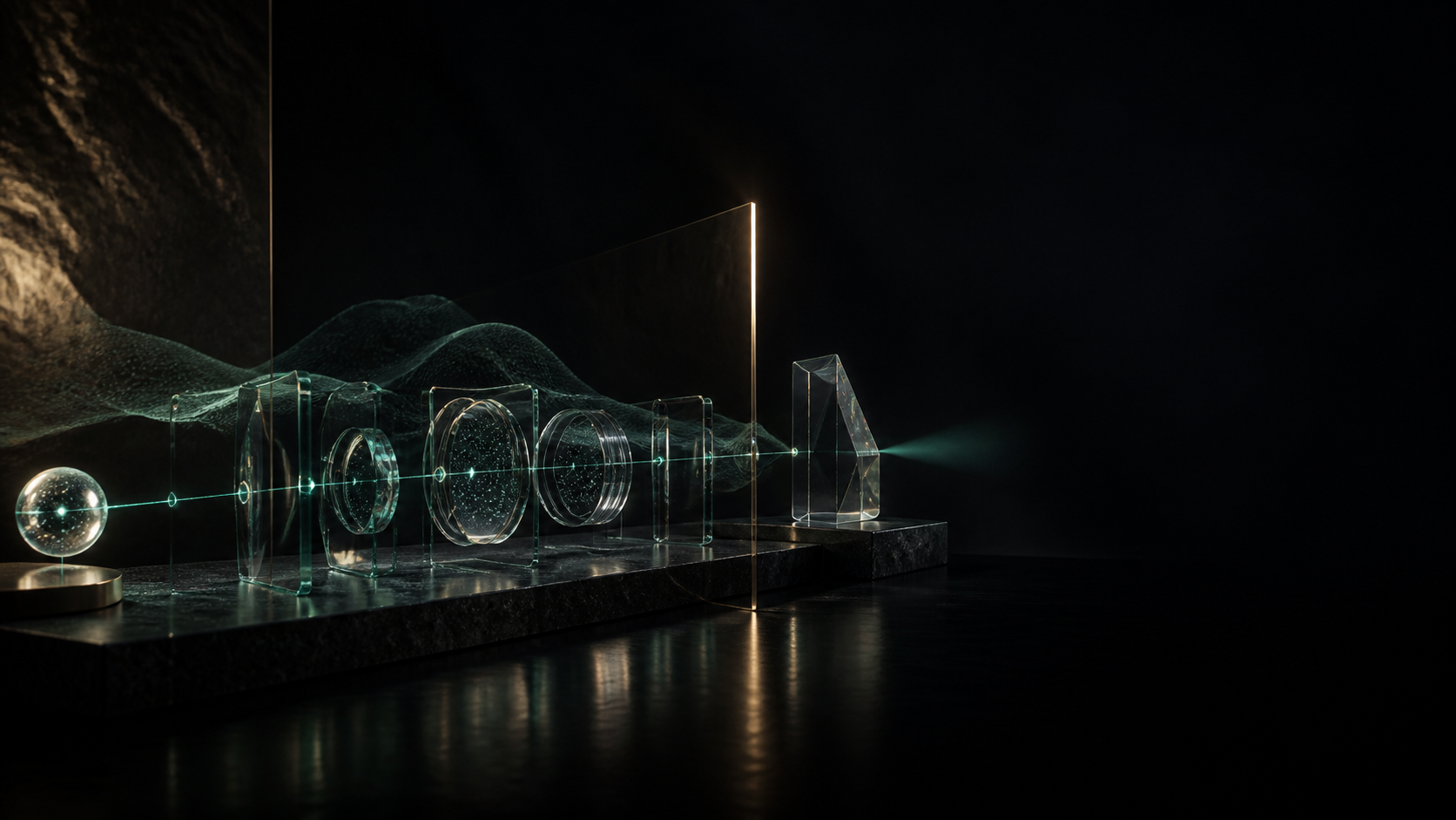 Cinematic glass signal lifecycle sculpture showing connected source events resolving into a final projection.