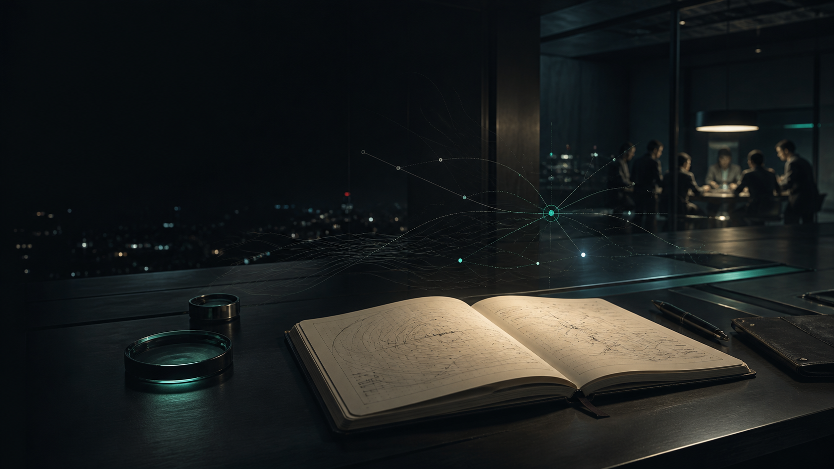A cinematic midnight observatory where an open notebook, market evidence, and a diverse study group connect around a shared decision table.
