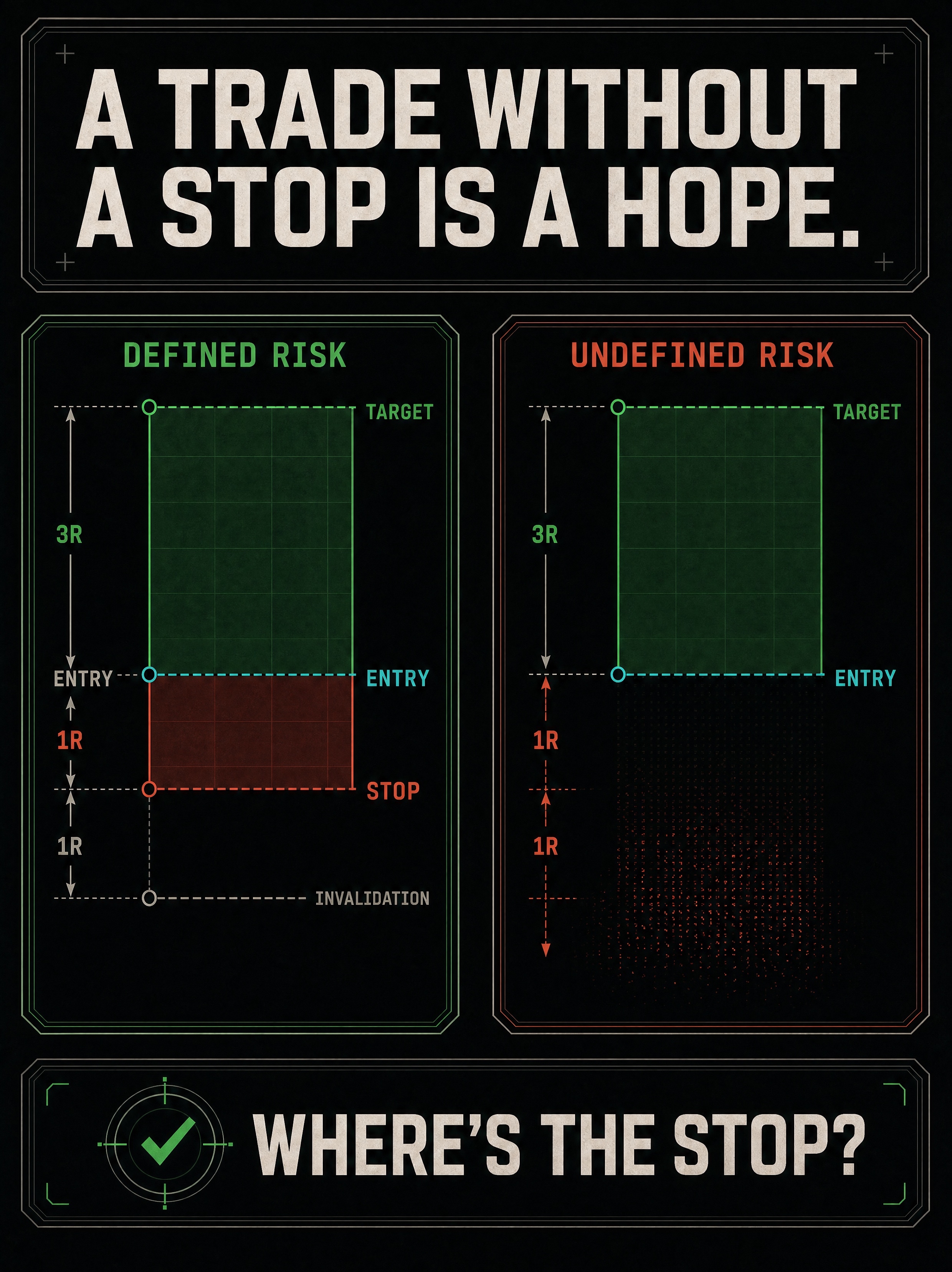 Capital-protection card stating that a trade without a stop and invalidation is not a complete plan.