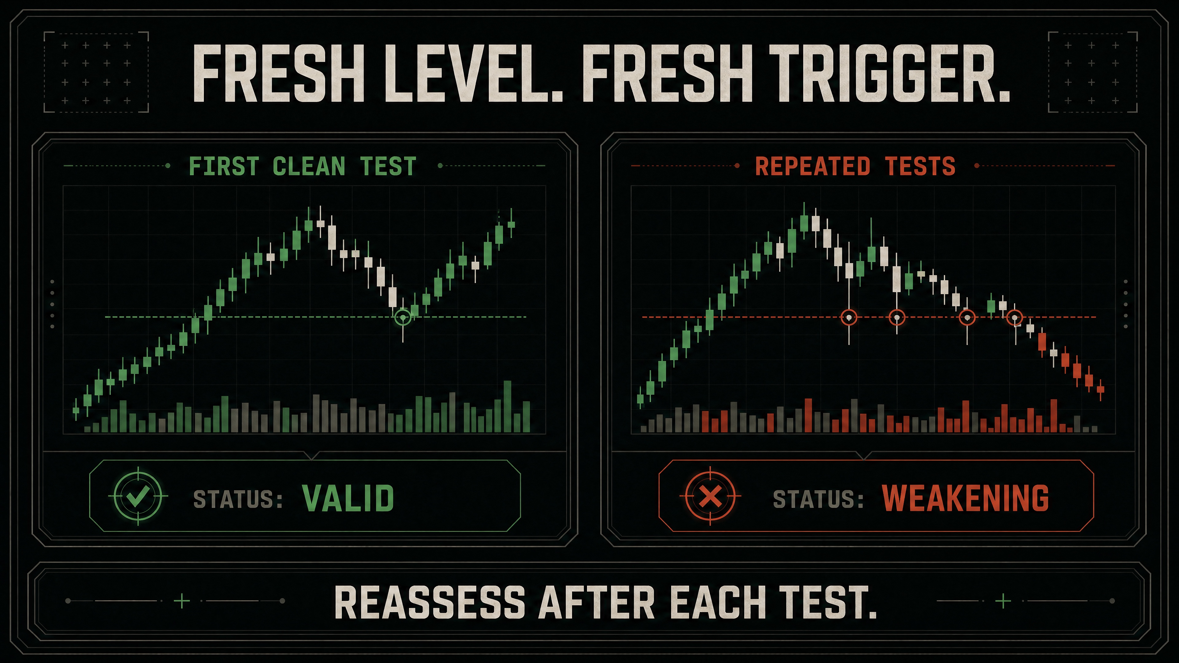 Fresh-level diagram showing why an untested planned location differs from a repeatedly traded level.
