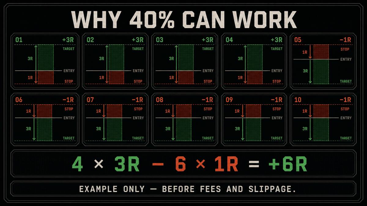 Why 40% can work: four wins of 3R and six losses of 1R still add up to +6R