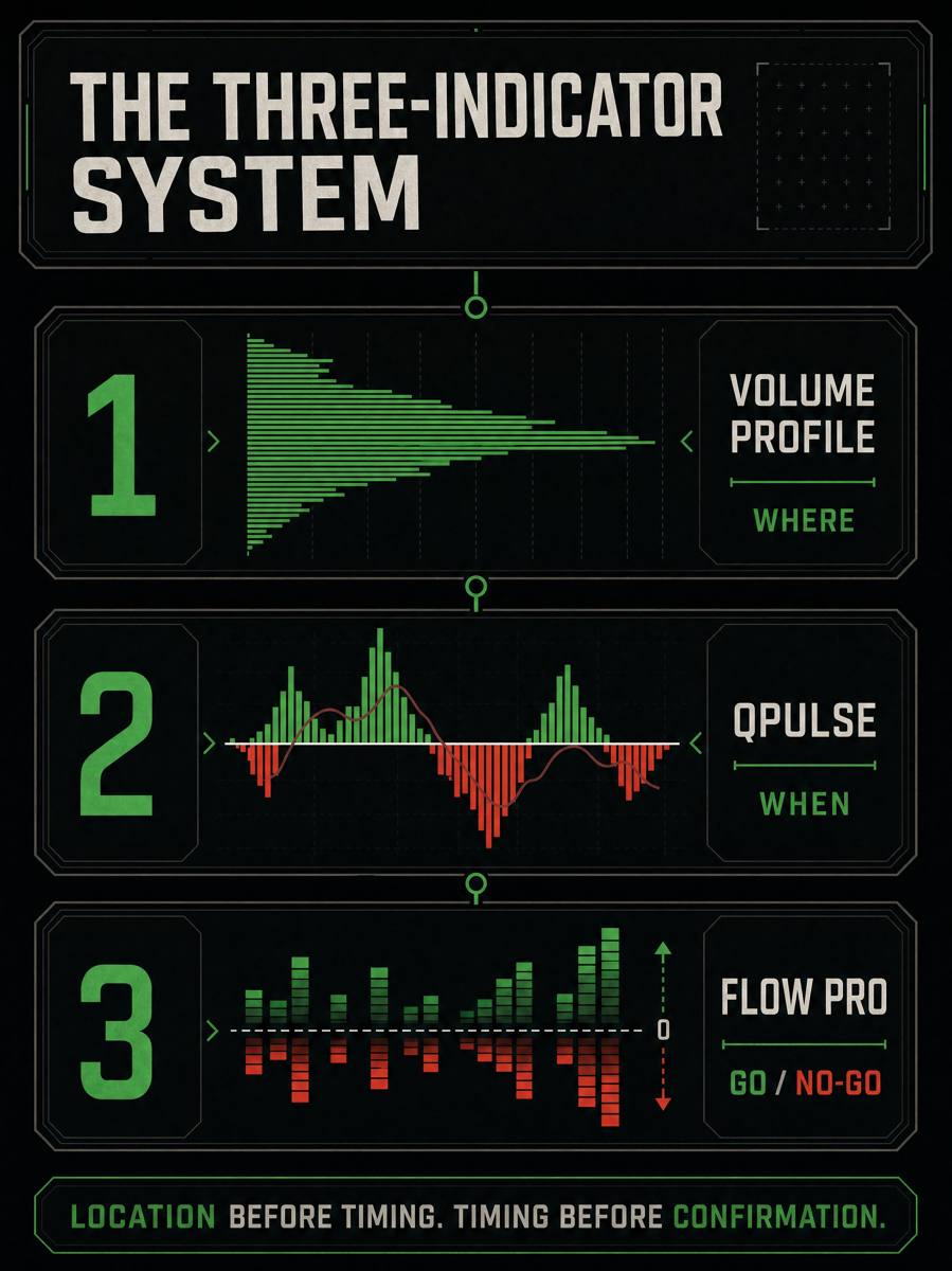 The three STS tools: Volume Profile for where, QPulse for when, Flow Pro for go or no-go